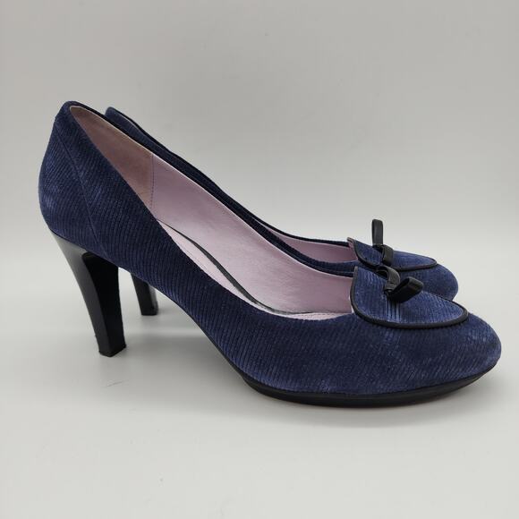 Johnston & Murphy Cord Heels Size 9.5 Blue Ribbed Fabric Round Toe Suede Bow - Picture 1 of 12